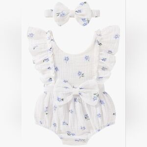 Classic White Floral Bib with Blue Blossom Ruffle